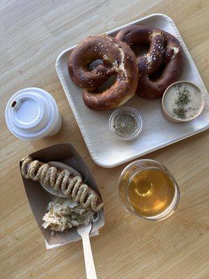 Street brat and pretzels + beer cheese