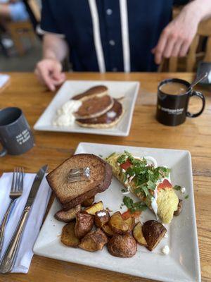 Pork carnitas omelette and tres leches pancakes