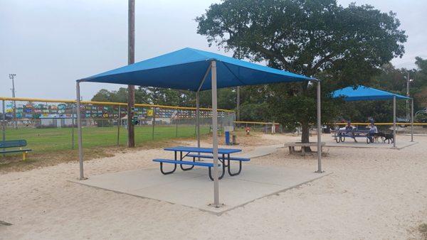 The shaded picnic tables