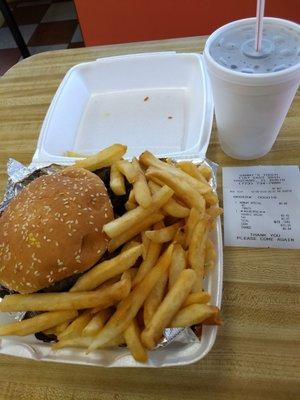 This is the Hungry Man, a steak burger with gyro meat and 'the fixins', plus ample fries and a drink.