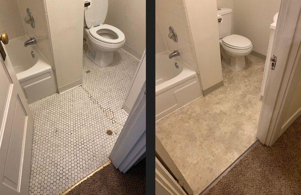 Before/After
Old tile replaced with commercial vinyl flooring.