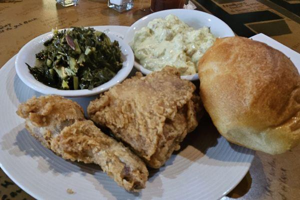 Fried chicken, greens and potato salad