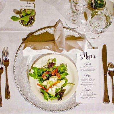 Salad course at a plated dinner for 25 at Grand Canyon: fresh garden greens, sliced gala apples, candied walnuts, bell peppers, feta cheese