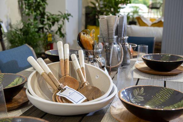 Mango wood + marble salad server set. Couani ceramic bowls.