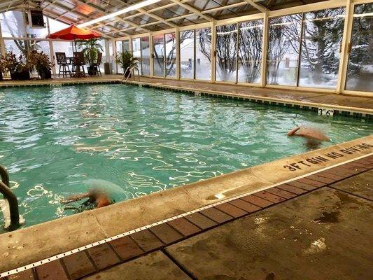 February Pool date in the middle of a snow storm = serious cool points with friends!  (Kiddos faces removed out of respect for privacy.)