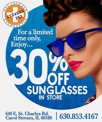 30% off sunglasses only at Eyewear Fix in store.