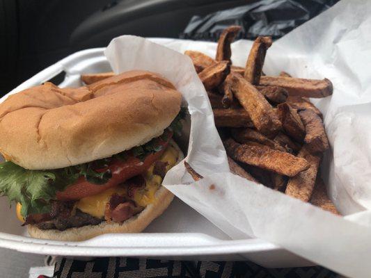 Bacon cheeseburger and fries