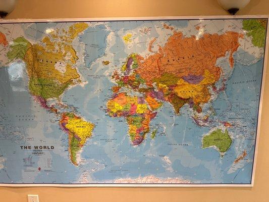 World map to look at while waiting for the dentist.