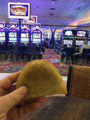 4/5/19. $3 Nachitoches Meat Pie made with traditional ground beef (crawfish also available) enjoyed here just off the casino floor!