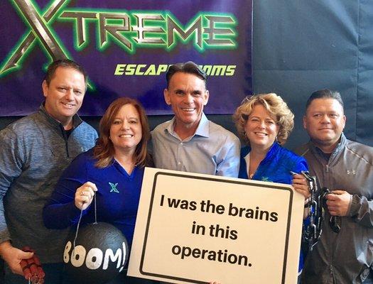 The four owners with Mark Hackel, one of the first to escape Time Bomb!