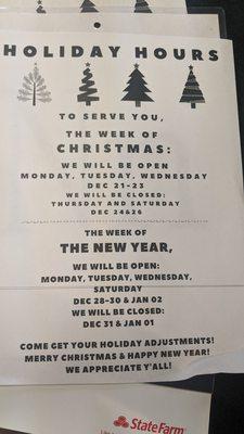 Holiday schedule