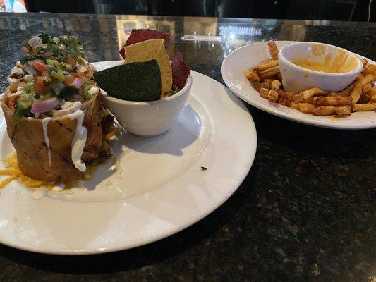 Beef chimichanga and beer cheese fries