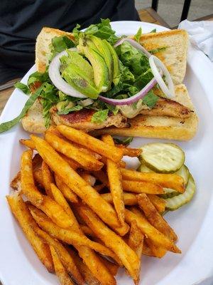 Avocado chicken sandwich with seasoned fries