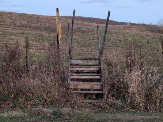 These stairs cross a barbed wire fence.