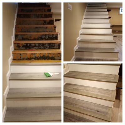 Staircase transformation using vinyl stairnosings and vinyl plank flooring