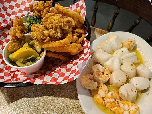 Broiled seafood combo platter - comes with 2 sides plus onion rings. $29.99