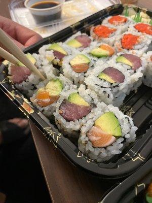 Great take out sushi!!!! Salmon Avocado Roll Tuna Avocado Roll and Spicy Crunchy Tuna Roll  Would recommend, ordered on Grubhub