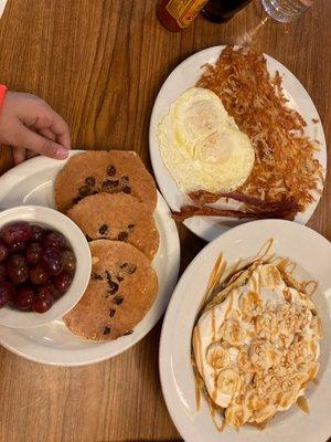 Jr. Chocolate Chip Pancakes It's Bananas Salted Caramel Pancake Breakfast crispy Hash Browns bacon and eggs