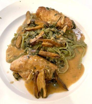 Veal rollatini with with spinach linguini and mushrooms in white wine sauce special