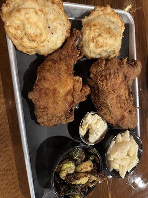 1/2 fried chicken dinner w Brussel sprouts and Mac n cheese