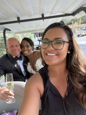 Post wedding golf cart ride to reception with the best wedding planner EVER MaKela Allen of Cole Drake.