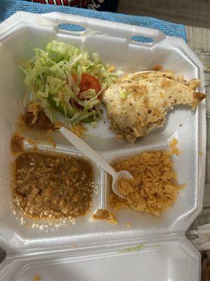 Chicken Quesadilla with rice, beans and veggies.