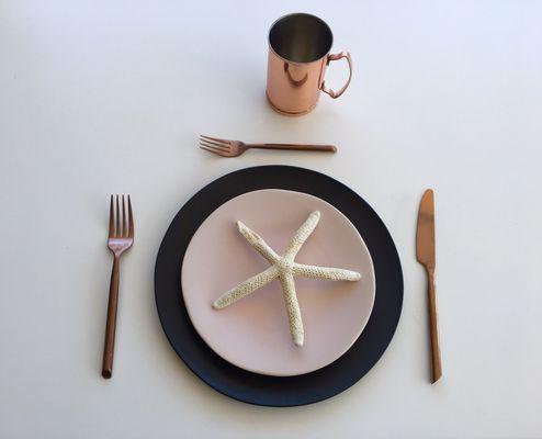 Hairloom charcoal dinner plate,brush salad,flatware.