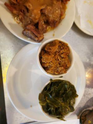 Oxtails with gravy on rice, dressing and collard greens