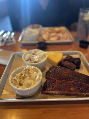 Ribs, burnt ends, Mac and cheese, potato salad