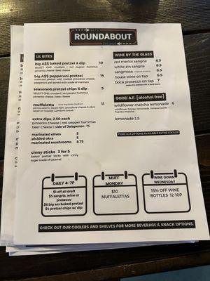 Food menu at Roundabout