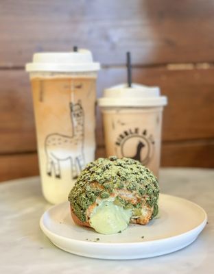 Matcha cream puff with iced latte and iced mocha