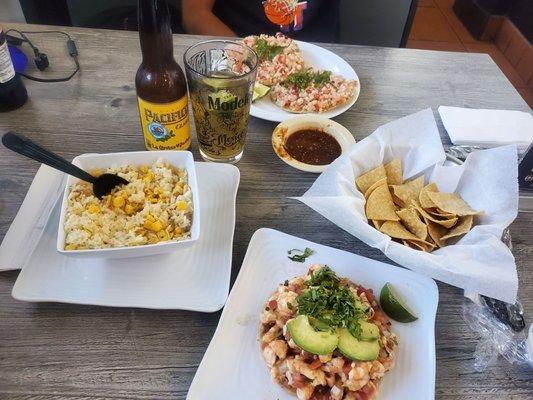 Pacifico,  tostadas ceviche de camaron, tostadas de ceviche de pescado, arroz