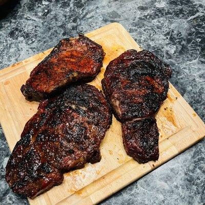 Hardcore carnivore prime ribeyes and NY strip up top