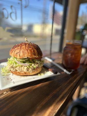 Lemon chickpea tuna sandwich with house made bun. DEEELICIOUS.