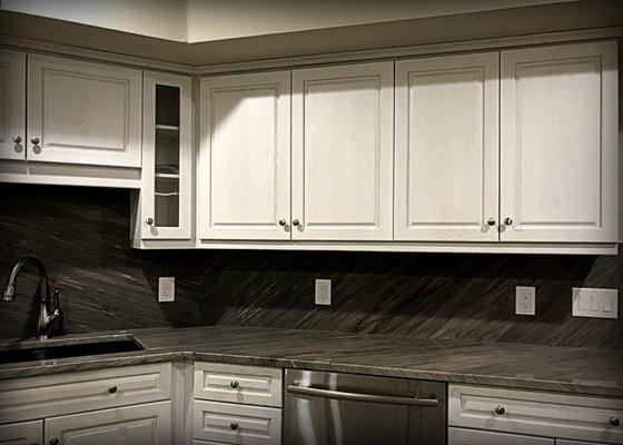 Our new amazing Aurora Blue Quartzite countertops and backsplash!