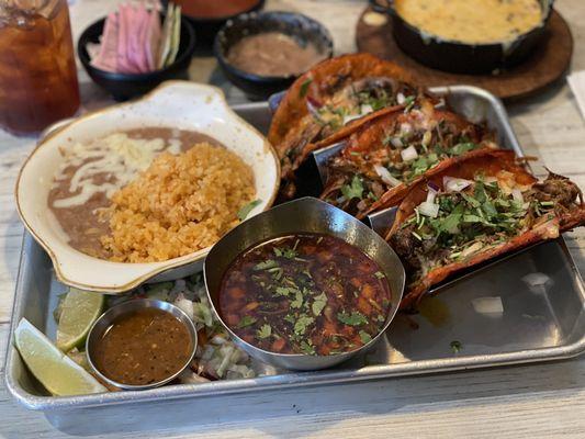 3 Birria Tacos with beans n rice