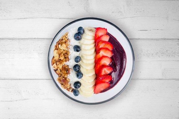 Pure Amazon Açaí:
 Açaí puree, banana, blueberries, and almond milk. Toppings: banana, fresh berries, coconut flakes, and house made granola