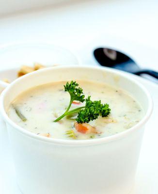 New England Clam Chowder Soup with a lots of clam, celery, potato & onions.