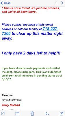 A helpful email from the manager of the worst gym in Staten Island, Retro Fitness in Tottenville.