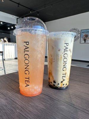 Large Grapefruit Ade w/ Lychee Popping Pearls (Large), and Large Brown Sugar Milk Tea with Tapioca.