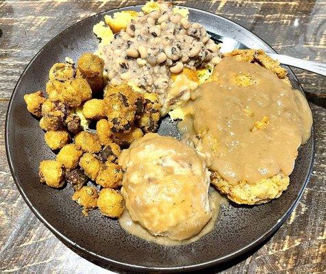 Blue Plate: CF Steak, mashed potatoes, BE Peas, & fr. okra