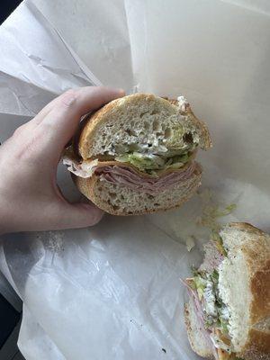 Ham and cheddar on hard Italian