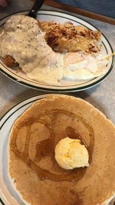 Chicken Fried breakfast with a pancake.