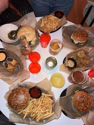 Smash burger, cheesesteak eggrolls, fried pickles, Fries