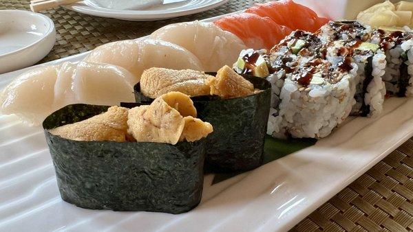 Selection of nigiri sushi and rolls.  Standout quality. The uni was a suggestion from the sushi chef.