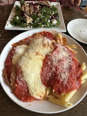 Lunch! Veal Parm for me. Arugala salad with Chicken for the lady