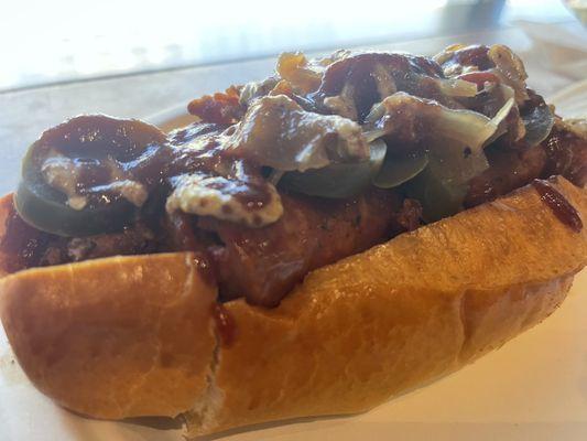 New Orleans Hot Dog - andouille sausage, onions, bacon and jalapeños