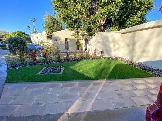 Front yard remodel with belgard moduline pavers in linen and artificial turf