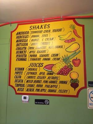 Shake and juices menu