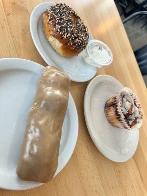 Everything bagel, maple bar and cinnamon bun